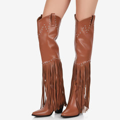Tuhoomall Over-The-Knee High Heel Boots With Fringes And Studs For Party And Fashion Events