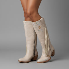Tuhoomall Western Cowboy Boots for Women, Floral Embroidered Mid-Calf Chunky Heel, Trendy Fringe Detail, Perfect for Casual Outings and Performances