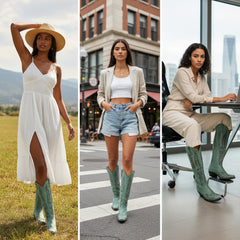 Tuhoomall Western Knee-High Cowgirl Boots with Embroidery, Chunky Heel, Slip-On Design for Outdoor Adventures