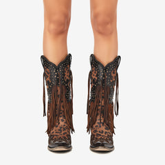 Tuhoomall Western Style Women's Cowboy Boots, Casual Mid-Calf Shoes with Animal Print, Fringe, and Studs, Chunky Heel, All-Season Wear