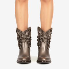 Tuhoomall Fashionable Ankle Boots for Women with Floral Stud Detail, Comfortable Chunky Heel, Perfect for Casual and Work Wear All Year Round