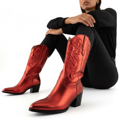 Tuhoomall Western Style Embroidered Mid Calf Boots for Women, Pointed Toe, Chunky Low Heel, Fashionable All-Season Footwear, Perfect for Parties