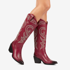 Tuhoomall Western Style Knee High Boots With Rhinestones & Embroidery, Trendy Chunky Heels For Casual Office Wear, All Season Comfort