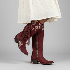 Tuhoomall Western Cowboy Boots for Women, Floral Embroidered Mid-Calf Chunky Heel, Trendy Fringe Detail, Perfect for Casual Outings and Performances