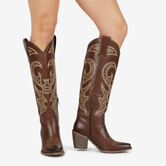 Tuhoomall Western Style Knee High Boots With Rhinestones & Embroidery, Trendy Chunky Heels For Casual Office Wear, All Season Comfort