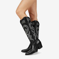 Tuhoomall Western Style Knee High Boots With Rhinestones & Embroidery, Trendy Chunky Heels For Casual Office Wear, All Season Comfort