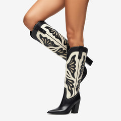 Tuhoomall Fashion Casual Knee-High Boots with Embroidery, Lizard Pattern Chunky Heel for Travel, Work, Party and Evening Wear