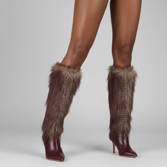 Tuhoomall Knee-High Faux Fur Booties with Zip Closure for Fashion Parties and Performances, Pointed Toe High Heels