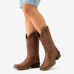 Tuhoomall Western Floral Embroidered Mid-Heel Cowboy Boots for Women, Stylish Casual Footwear for All Seasons