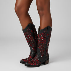 Tuhoomall Cowboy Boots for Women Western Square Toe Mid Calf White Cowgirl Boots Rhinestone Chunky Wedding