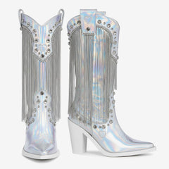 Tuhoomall Chunky Heel Western Rhinestone Booties with Fringes for Fashion Events, Pointed Toe, Slip-On Style, All-Day Comfort, Eye-Catching Design