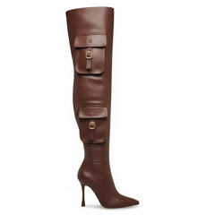Tuhoomall Over-The-Knee Fashion Boots for Women, High Heels 9.5cm, Zipper Closure, Solid Color with Pocket and Metal Buckle, Perfect for Parties and Performances