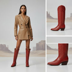 Tuhoomall Western Boots for Women with Embroidery, Chunky Heel 2.00 in, Mid-Calf Length, Vegan Leather, Casual Fashion Footwear, All Seasons