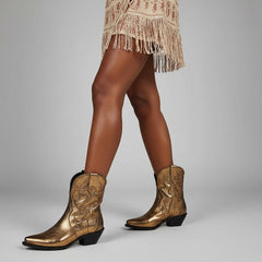 Tuhoomall Western Ankle Booties with Snip-Toe and Chunky Heel for Fashion Casual Parties, Embroidery Design with Metallic Inlay, Slip-On Style