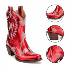Tuhoomall Metallic Western Ankle Boots for Women - Stylish Slip-On Design with Embroidered Floral Pattern, Casual All-Season Footwear