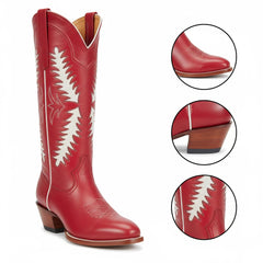 Tuhoomall Western Mid Calf Boots for Women with Rubber Sole, 5.1 cm Chunky Heel, Stylish Embroidery for Casual and Office Wear