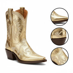 Tuhoomall Metallic Western Ankle Boots for Women - Stylish Slip-On Design with Embroidered Floral Pattern, Casual All-Season Footwear