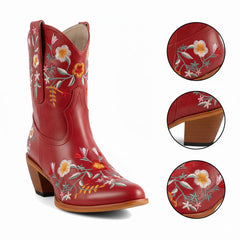 Tuhoomall Stylish Western Ankle Boots with Floral Embroidery, Rubber Sole, Chunky 5cm Heel for Classic and Casual Looks