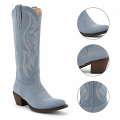 Tuhoomall Western Embroidered Pointed Toe Chunky Heel Slip-On Mid Calf Boots for Women, Retro Casual Style, Perfect for Weddings and Everyday Wear