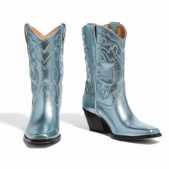 Tuhoomall Metallic Ankle Booties for Women, Chunky Block Heel, Pointed Toe, Casual Stylish Design, Vegan Leather, Embroidered Details, All Seasons