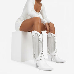 Tuhoomall Chunky Heel Western Rhinestone Booties with Fringes for Fashion Events, Pointed Toe, Slip-On Style, All-Day Comfort, Eye-Catching Design