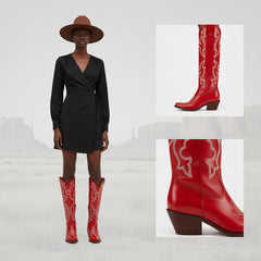 Tuhoomall Western Knee-High Boots with Elegant Embroidery, Stylish Mid Heel for Casual and Office Wear, Durable Faux Suede Leather, All-Season Fashion