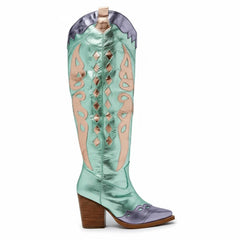 Tuhoomall Western Cowgirl Mid Calf Boots with Snip-Toe and Chunky Heel for Fashion Parties and Performances, Animal Pattern, Metallic Bright Surface