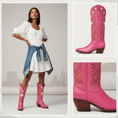 Tuhoomall Western Knee High Boots With Rubber Sole, 5cm Chunky Heel, Embroidered Sweet Pink Hearts For Casual Fashion All Year Round