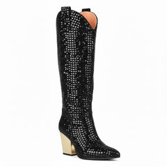 Tuhoomall Rhinestone Western Mid-Calf Boots for Women, Stylish 3.15 in Chunky Heel, Vegan Suede, Perfect for Parties and Performances