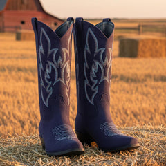 Tuhoomall Western Cowgirl Boots, Mid Calf Boot, Fashion Casual, Chunky Heel, Embroidery Detailing, Slip-On Design