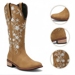 Tuhoomall Comfortable Western Boots for Women - Floral Embroidered Design, Slip-On Style, Outdoor Fashion - Perfect for Everyday Wear