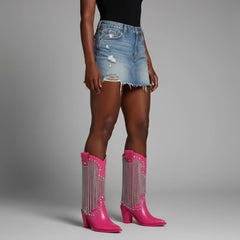 Tuhoomall Chunky Heel Western Rhinestone Booties with Fringes for Fashion Events, Pointed Toe, Slip-On Style, All-Day Comfort, Eye-Catching Design