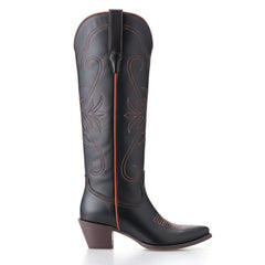 Tuhoomall Western Style Knee-High Boots, Embroidered Vegan Leather, 5.5cm Chunky Heel, Fashion Casual for All Seasons