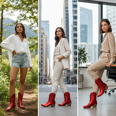 Tuhoomall Western Ankle Boots with Embroidered Pattern, 5cm Chunky Heel, Slip-On Design for Fashion and Travel, Durable Synthetic Fabric Lining