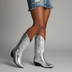 Tuhoomall Western Chunky Heel Women's Cowboy Boots, Comfortable Slip-On, Retro Embroidered Design, Non-Slip Sole for Travel and Casual Wear