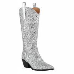 Tuhoomall Western Block Heel Ankle Boots with Glitter Detail, 2.50 in Heel Height, Stylish for Parties and Performances, Faux Leather Lining