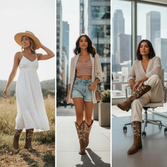 Tuhoomall Comfortable Floral Embroidered Western Boots for Women, Chunky Low Heel, Faux Suede with Rubber Sole, Perfect for Casual and Office Wear