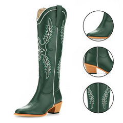 Tuhoomall Dark Green Embroidered Western Knee High Boots for Wide Calf with Chunky Heel Tuhoomall