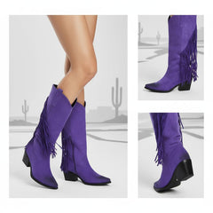Tuhoomall Western Style Mid-Calf Boots with Tassels, Casual Fashion Footwear, Chunky Heel, Faux Suede, Zipper Closure, All-Season Design
