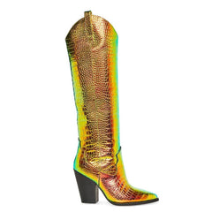Tuhoomall Western Knee-High Boots for Women, Slip-On High Heels 3.74in, Metallic Finish, Fashion-Forward Design, Perfect for Performances and Street Style