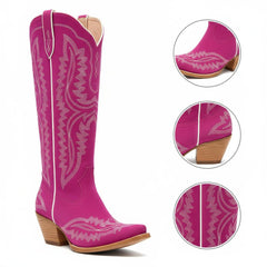 Tuhoomall Stylish Western Mid-Calf Boots for Women - Embroidered Vegan Leather, 2.76in Low Chunky Heel, Perfect for Year-Round Casual Wear