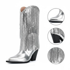 Tuhoomall Chunky Heel Ankle Boots for Women, Pointed Toe, Sequined Fringes, Stylish & Comfortable for Parties and Performances