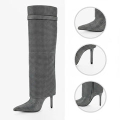 Tuhoomall Western Knee-High Cowboy Boots for Women, Stylish and Outdoor, Glittering Rhinestones and Metal Buckle, 12 cm Stiletto Heel Tuhoomall