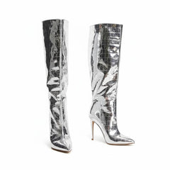 Tuhoomall Shiny Metallic Pointed Toe Mid-Calf Boots for Fashion Forward Performance - Rubber Sole, 3.75 in Heels, Mock-Croc Design, All Season Tuhoomall