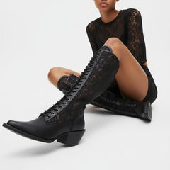 Tuhoomall Knee-High Boots With Lace-Up Design, Pointed Toe, Rubber Sole, Vintage Style, Embroidered Mesh, Casual All-Season Footwear