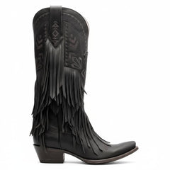 Tuhoomall Western Cowgirl Mid Calf Boots - Snip-Toe, Chunky Heel, Embroidered Fringe Design for Outdoor Style