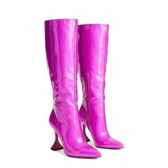 Tuhoomall Iridescent Mid Calf Stiletto Heeled Boots for Parties and Performances, Fashionable Vegan Leather, Pointed Toe, Easy Slip-On, 9.5cm Height