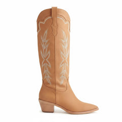 Tuhoomall Embroidered Western Chunky Heel Boots for Women - Pointed Toe, Zipper Closure, Mid-Calf Height, Stylish Vegan Leather, Perfect for All Seasons