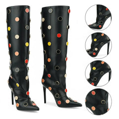 Tuhoomall Stunning over-the-knee High Heels Womens Boots with Polka Dot Pattern for Parties and Performances, Synthetic Leather, 12cm Heel Tuhoomall