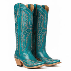 Tuhoomall Western Knee-High Cowgirl Boots with Chunky Heel and Floral Embroidery for Outdoor Fashion and Casual Wear